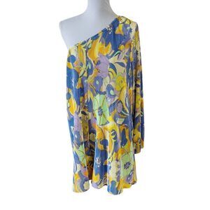 ASOS Design Plisse One Shoulder Romper Retro Floral Print Purple and Yellow Size